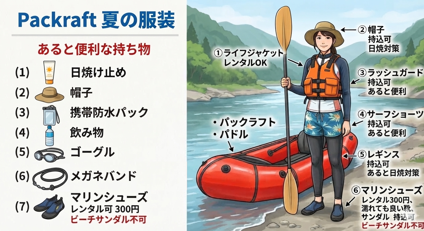 パックラフト夏の服装ガイド。ライフジャケット・帽子・ラッシュガード・サーフショーツ・レギンス・マリンシューズなどの持ち物と服装例