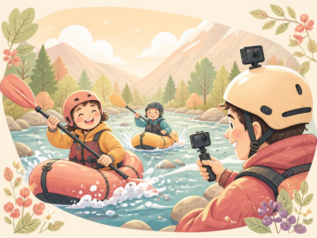 GoProでパックラフトの思い出を撮影するイラスト